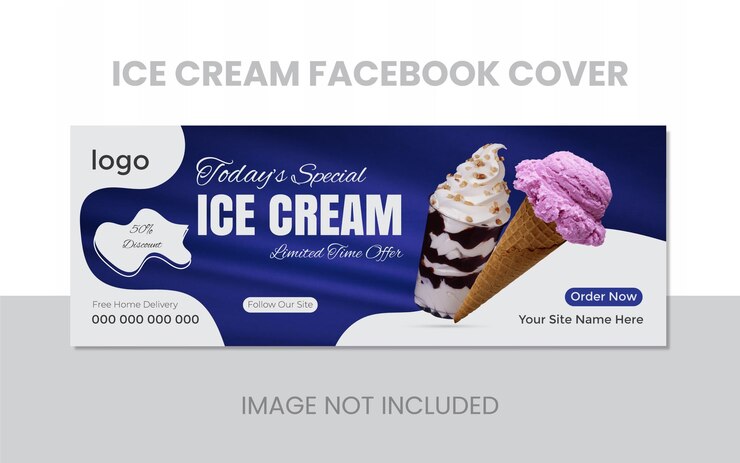 Delicioso Yummy Juicy Sweet Special Ice Cream Durante el verano Plantilla de diseño de vectores de portada de Facebook