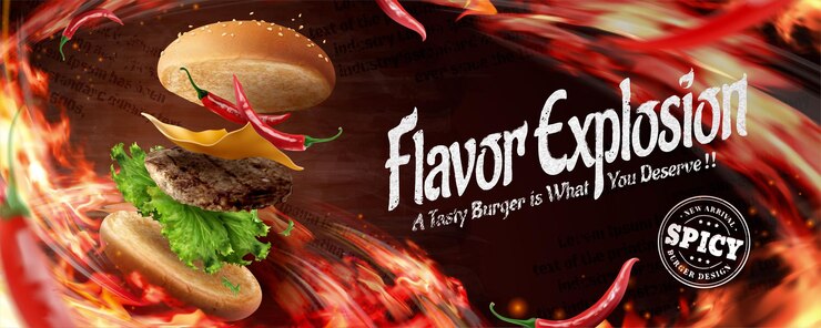 Vector deliciosos anuncios de banner de hamburguesa con efecto de llama ardiente