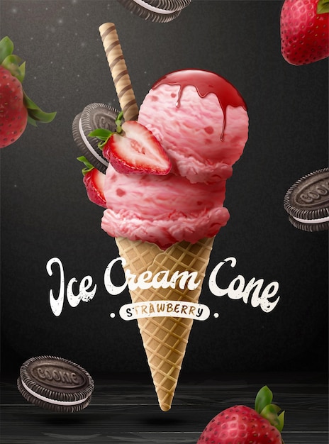 Deliciosos anuncios de helados de fresa con frutas frescas y galletas de chocolate