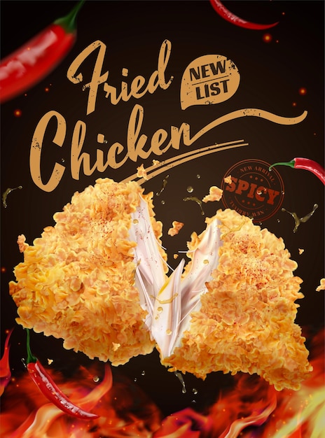Deliciosos anuncios de pollo cocido con efecto frío y llama sobre fondo negro en la ilustración 3d