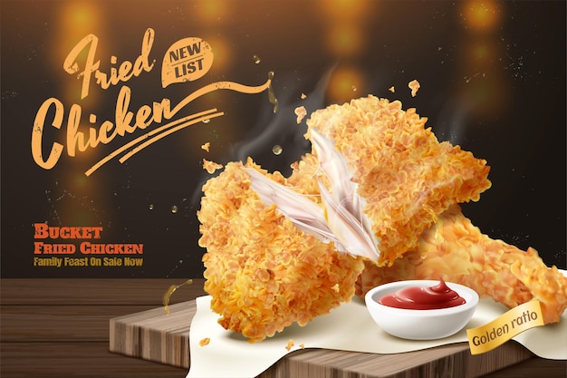 Deliciosos anuncios de pollo con salsa en placa de madera y fondo bokeh en ilustración 3d