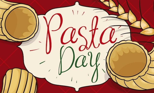 Deliciosos codos gomiti o chifferi rigati pasta trigo y letrero en mantel cuadrado para el Día de la Pasta