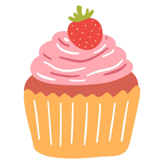 Deliciosos cupcakes dibujados a mano en estilo de dibujos animados Ilustración vectorial de dulces pasteles de postre