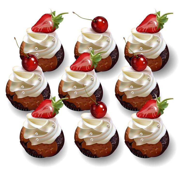 Vector deliciosos cupcakes con fresa y cereza vector