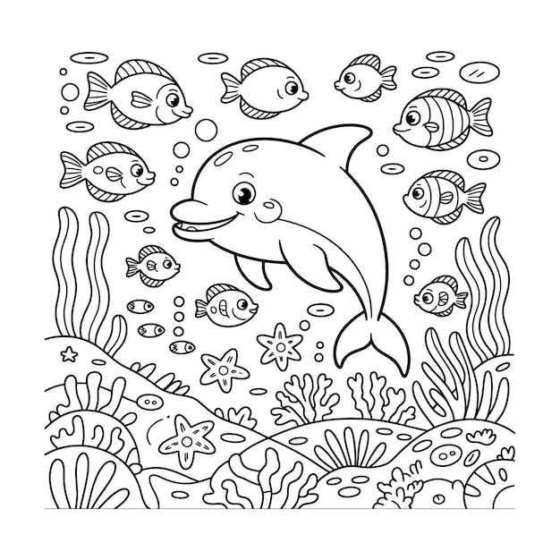 Deliciosos delfines y peces bajo el agua Página para colorear