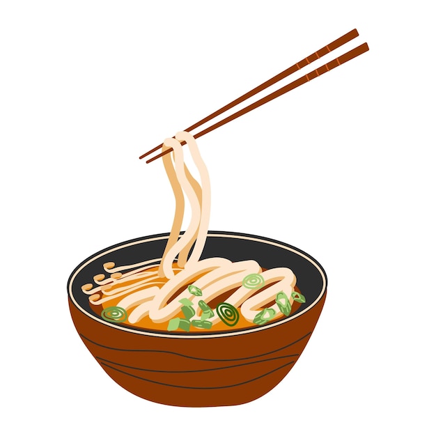 Deliciosos fideos udon comida asiática ilustración dibujada a mano aislada sobre fondo blanco