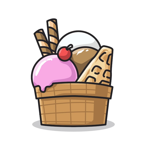 Deliciosos helados dulces y bocadillos en la taza en una linda ilustración de arte lineal