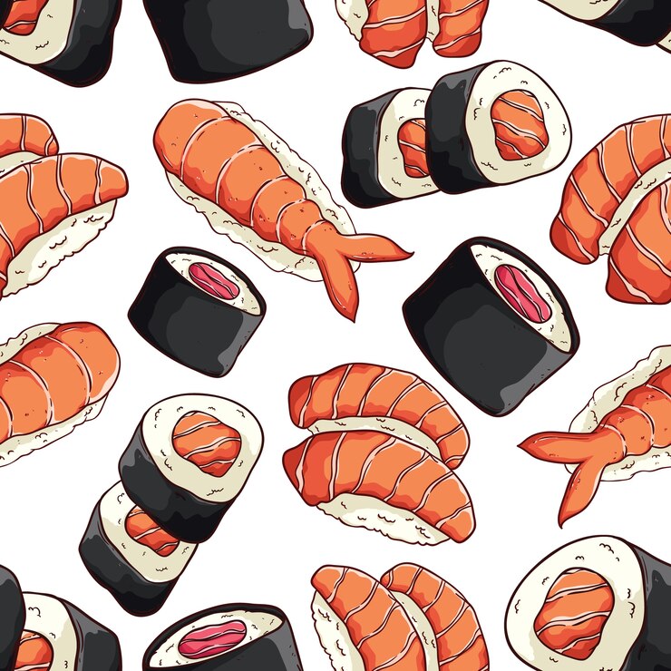 Vector deliciosos mariscos japoneses en patrones sin fisuras con sushi roll, sake nigiri y ebi nigiri