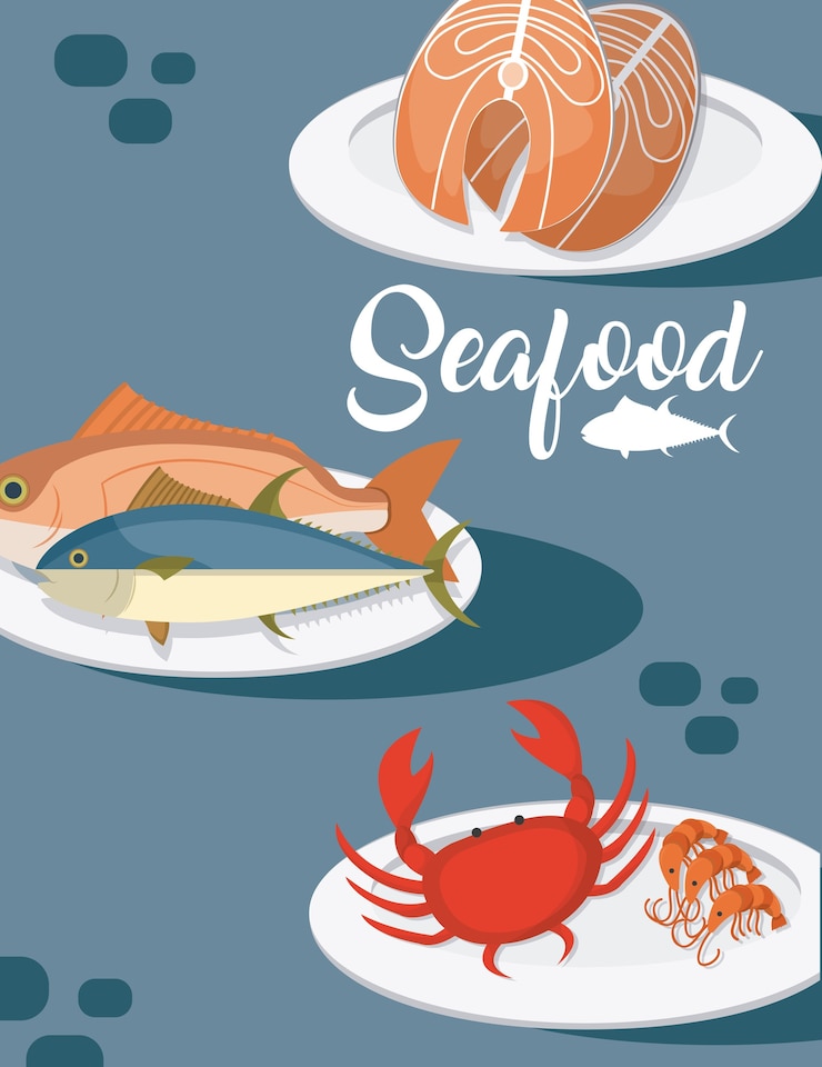 Vector deliciosos mariscos en platos