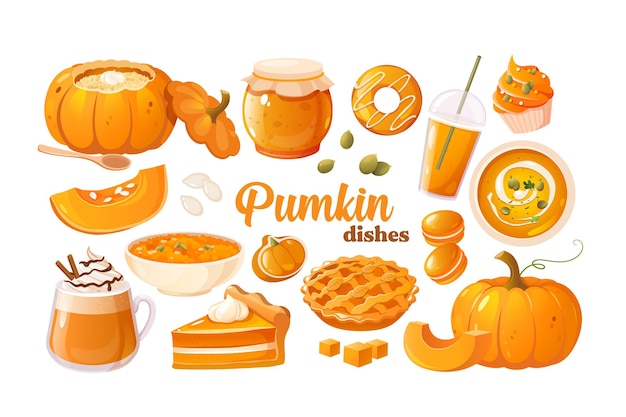 Deliciosos platos de calabaza con gachas de calabaza, latte, mermelada, pastel, sopa, donut, muffin, etc., iconos