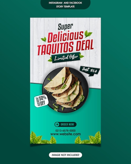 Vector deliciosos taquitos y menú de comida plantilla de historia de instagram y facebook