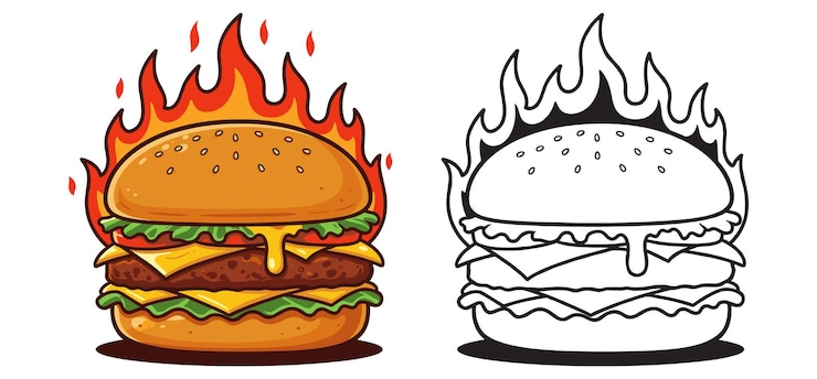 Vector delicious burger cheese with fire en una ilustración vectorial con fondo blanco
