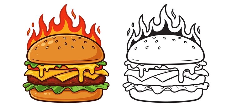 Vector delicious burger cheese with fire en una ilustración vectorial con fondo blanco