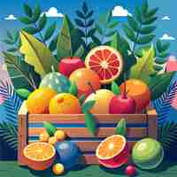 Vector delicious fruits in wooden crate vector illustration