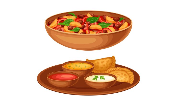 Vector delicious traditional asian cuisine dishes set stewed vegetables and beans vector illustration