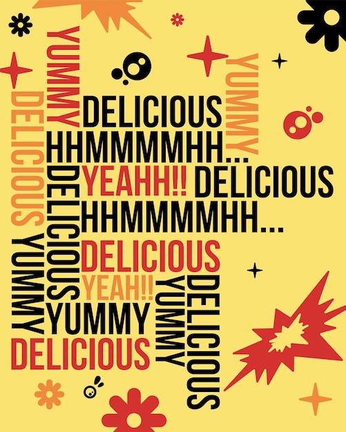Delicious yummy texto de fondo cartel patrón de impresión clip art ilustración vectorial para el negocio de alimentos