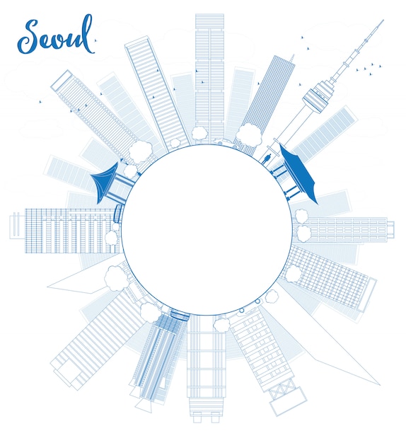 Delinee el horizonte de Seúl con un edificio azul y copie el espacio