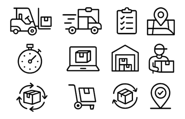 Delivery and logistics icons representing various aspects of shipment tracking and warehouse management