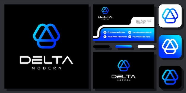 Delta triangle tecnología de simetría geométrica diseño de logotipo vectorial infinito digital con tarjeta de visita