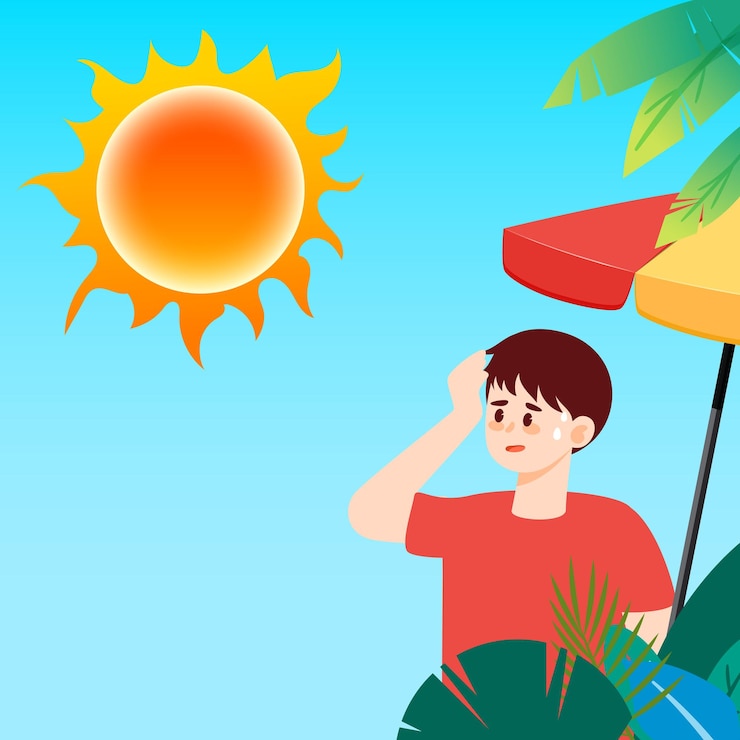 Vector demasiado calor en verano carácter golpe de calor advertencia de alta temperatura vector de día de verano caluroso
