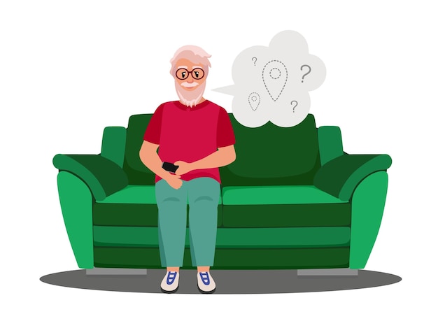 Demencia El abuelo en el sofá no puede averiguar dónde está Ilustración vectorial en piso