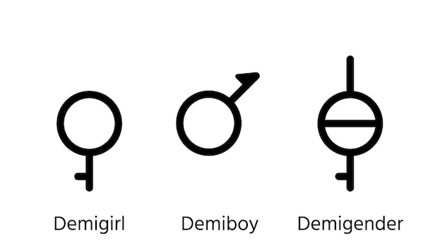 Demiboy demigirl y demigender símbolos de género Conjunto de signos de esquema de orientación