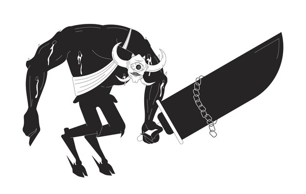 Demonio aterrador de un solo ojo sosteniendo una espada personaje de dibujos animados en 2D en blanco y negro
