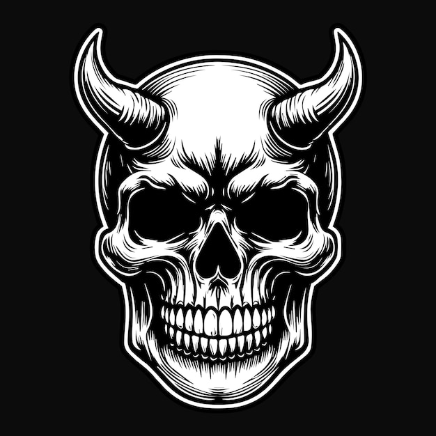 Vector demonio del cráneo oscuro con cuerno afilado ilustración en blanco y negro