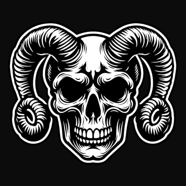 Demonio del cráneo oscuro con cuerno afilado Ilustración en blanco y negro