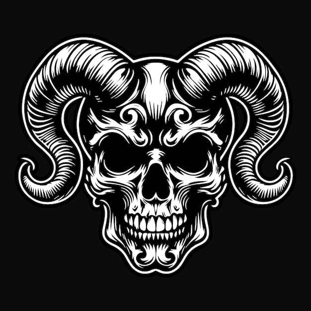 Demonio del cráneo oscuro con cuerno afilado Ilustración en blanco y negro