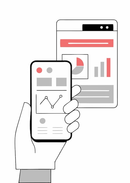 Demonstración de teléfono inteligente en la mano prototipo de aplicación móvil con estilo de dibujos animados plano sobre fondo blanco