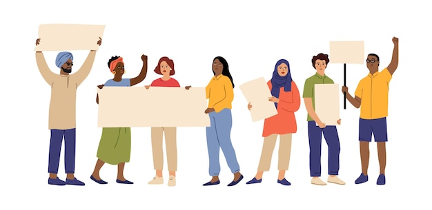 Demostración. Manifestación de derechos interraciales, hombres mujeres protestando por el poder. Concepto de vector de cartel en blanco de activistas aislados. Ilustración protestante y derecha de manifestación, piquete interracial