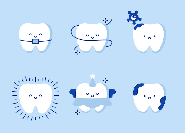 Dentes lindos con diferentes emociones establecidos Ilustración vectorial de caracteres dentales Concepto de odontología