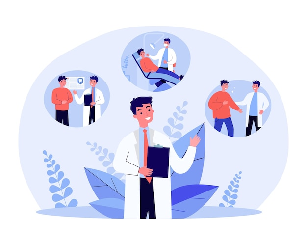 Dentista de dibujos animados dando tratamiento dental al paciente. Chequeo dental en clínica u hospital, ilustración de vector plano de higiene bucal. Odontología, concepto de medicina para banner, diseño de sitio web o página web de inicio
