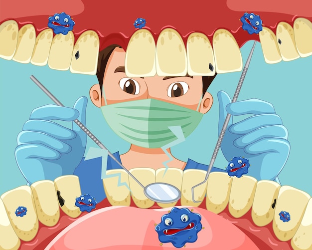 Vector dentista sosteniendo instrumentos examinando los dientes del paciente dentro del ser humano