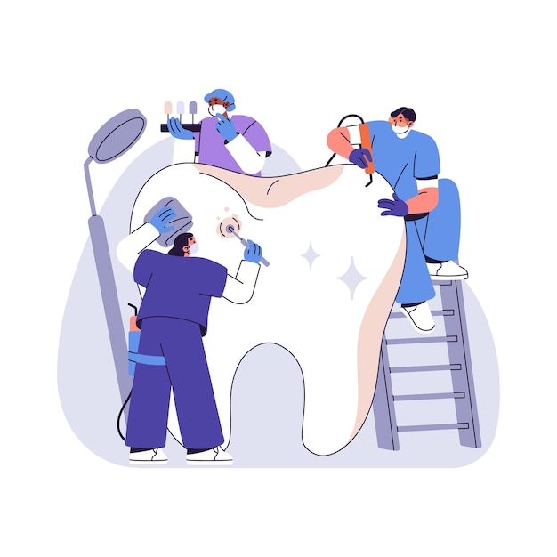 Los dentistas tratan el diente con una máquina de perforación estomatológica Los stomatólogos se preocupan por la higiene bucal Los médicos dentistas hacen limpieza dental cepillado pulido Ilustración de vector aislado plano en blanco