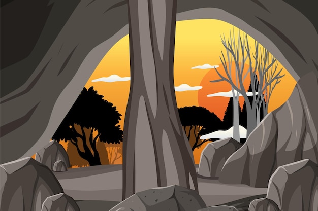 Vector dentro del paisaje de la cueva en estilo de dibujos animados