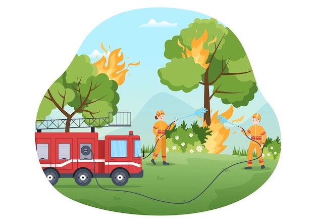 Departamento de Bomberos con Bomberos Extinguiendo Casa en Varias Situaciones en Ilustración
