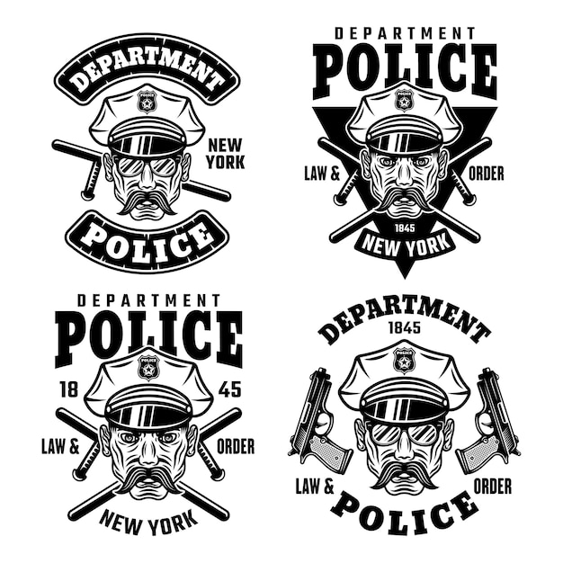 Departamento de policía conjunto de emblemas vectoriales insignias etiquetas o estampados de camisetas con policía en sombrero aislado sobre fondo blanco