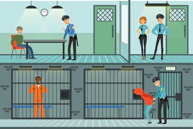 El Departamento de Policía establece a los policías trabajando e interrogando a los sospechosos en la celda de la prisión con los prisioneros Ilustración vectorial