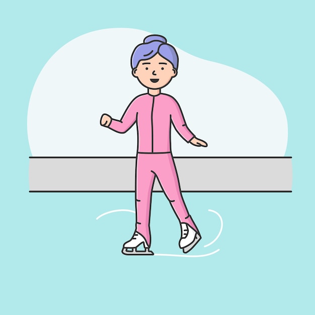 Deporte activo profesional y concepto de estilo de vida saludable. la muchacha alegre joven está patinando. la mujer tiene un buen rato en la pista. competiciones deportivas. estilo plano de contorno lineal de dibujos animados. ilustración de vector.