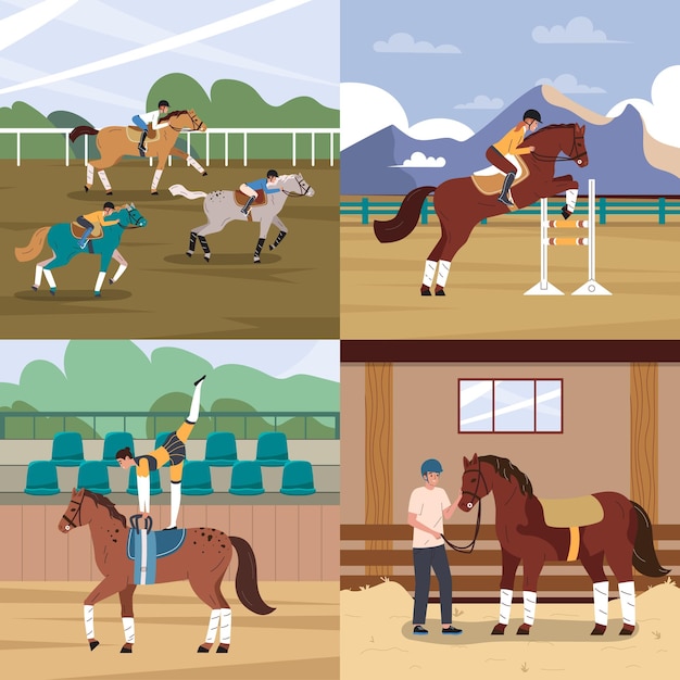 Vector deporte de caballos plano 2x2 con personas que cuidan animales y practican equitación ilustración vectorial aislada