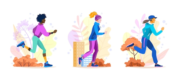 Deporte chicas corre en la ciudad vector ilustración estilo de vida saludable