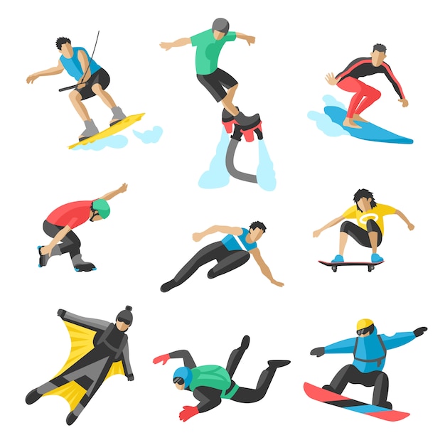Deporte extremo vector personas. Parasailing, wakeboard, snowboard, rocker, snowboards, flyboard.