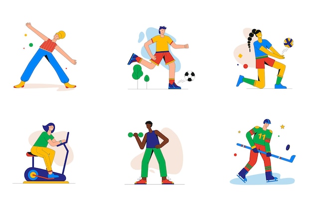 Deporte y fitness conjunto de mini concepto o iconos. la gente hace ejercicio, hace yoga, se ejercita con pesas, juega al fútbol, al voleibol o al hockey, la escena de la persona moderna. ilustración de vector de diseño plano para web