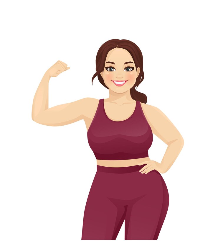 Vector deporte fitness mujer de talla grande mostrando bíceps en su brazo aislado ilustración vectorial