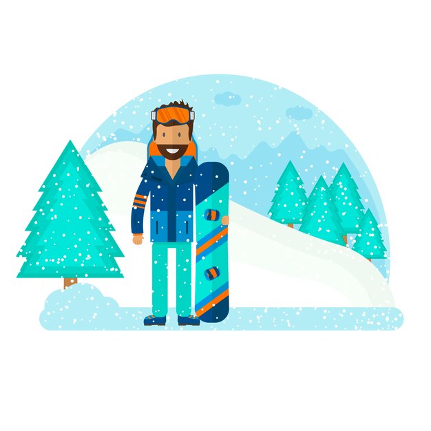 Deporte de invierno con carácter y esquí, equipo de snowboard en diseño de estilo plano.