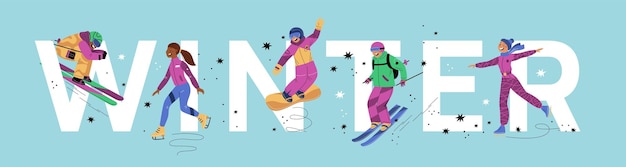 Deporte de invierno personas actividades de velocidad extrema deportistas esquí y snowboard patinaje sobre hielo y nieve atletas divertidos temporada fría afiche panorámico con letras concepto de vector chillón