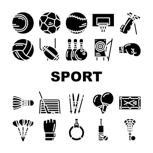 Vector deporte juego deportista actividad iconos conjunto vector rugby fútbol americano y fútbol golf cricket béisbol tenis baloncesto voleibol deporte equipo deportivo glifo pictogramas negro ilustración