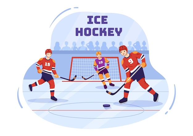 Deporte de jugador de hockey sobre hielo con disco y patines en superficie de hielo para juego o campeonato en ilustración